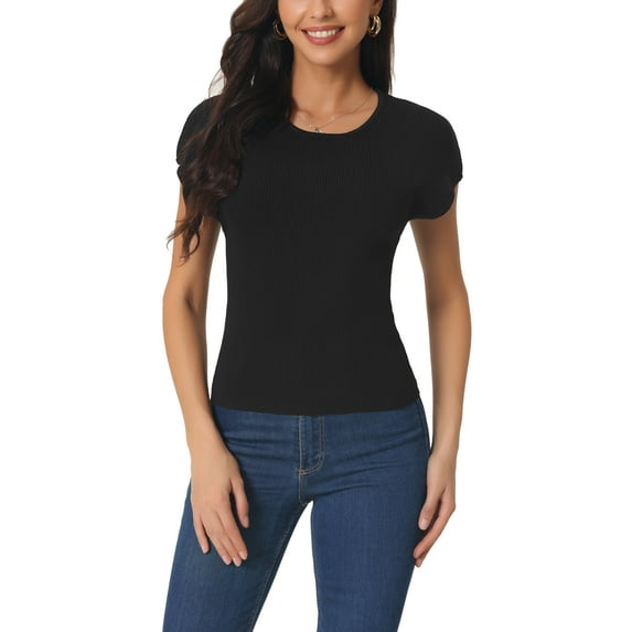 INSPIRE CHIC Women's Casual Cap Sleeve Knit T Shirts Crewneck Basic Summer Tops Slim Fit Solid Color Blouse XL Black