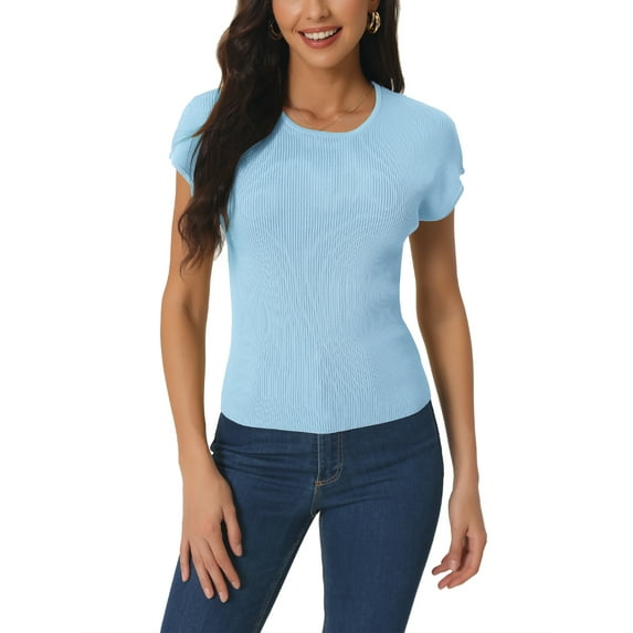 INSPIRE CHIC Women's Casual Cap Sleeve Knit T Shirts Crewneck Basic Summer Tops Slim Fit Solid Color Blouse M Light Blue