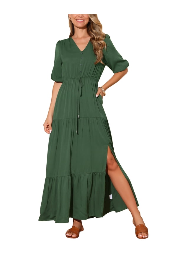 Women's Casual Dress V Neck Half-Sleeve Drawstring Waisted Tiered Slit A-Line Maxi Dress with Pockets XL Army Green