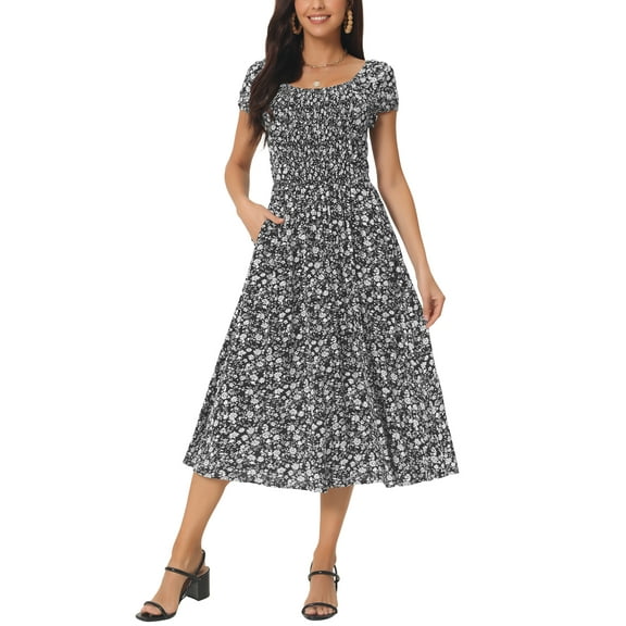 INSPIRE CHIC Women's Casual Floral Dress with Pockets Crewneck Cap Sleeve Boho Flowy Midi Dresses S Black