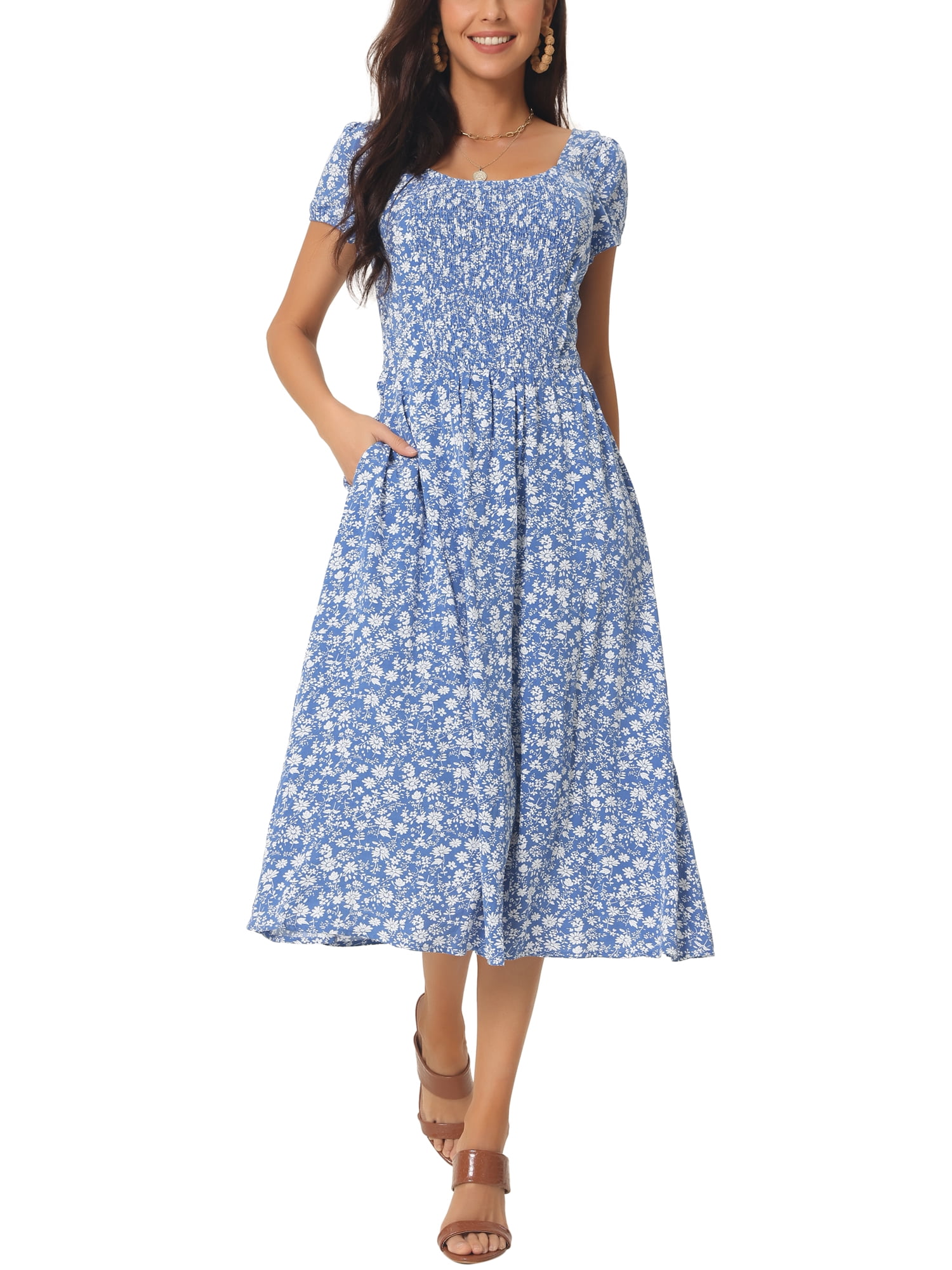 Inspire Chic Women's Casual Floral Dress with Pockets Crewneck Cap Sleeve Boho Flowy Midi Dresses XL Blue Inspire Chic Women's Casual Floral Dress with Pockets Crewneck Cap Sleeve Boho Flowy Midi Dresses XL Blue