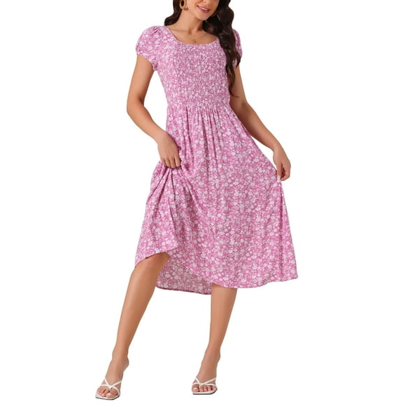 INSPIRE CHIC Women's Casual Floral Dress with Pockets Crewneck Cap Sleeve Boho Flowy Midi Dresses XL Pink