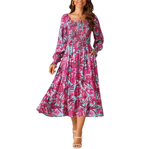 INSPIRE CHIC Women's Casual Floral Long Sleeve Square Neck Smocked Ruffle Hem Flowy Midi Dress with Pockets