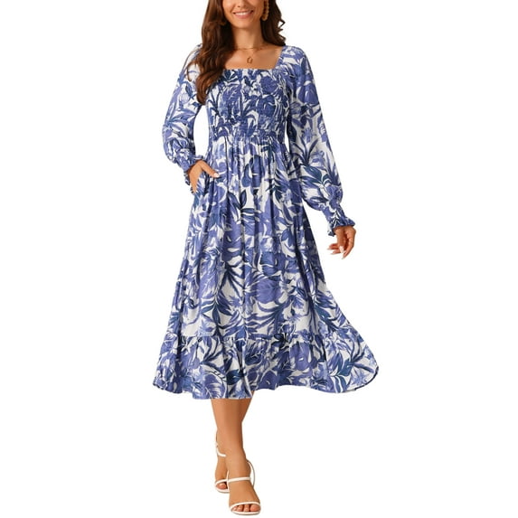 INSPIRE CHIC Women's Casual Floral Long Sleeve Square Neck Smocked Ruffle Hem Flowy Midi Dress with Pockets