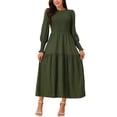 thumbnail image 1 of INSPIRE CHIC Women's Casual Long Sleeve Dress Crewneck Relaxed Fit Smocked Tiered Flowy Boho Long Dresses M Army Green, 1 of 5