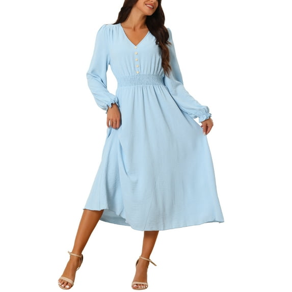 INSPIRE CHIC Women's Casual Long Sleeve Midi Fall Dresses V Neck Vintage Smocked Waist Flowy Long Dress Blue M