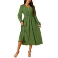 thumbnail image 1 of INSPIRE CHIC Women's Casual Long Sleeve Midi Fall Dresses V Neck Vintage Smocked Waist Flowy Long Dress Green S, 1 of 5