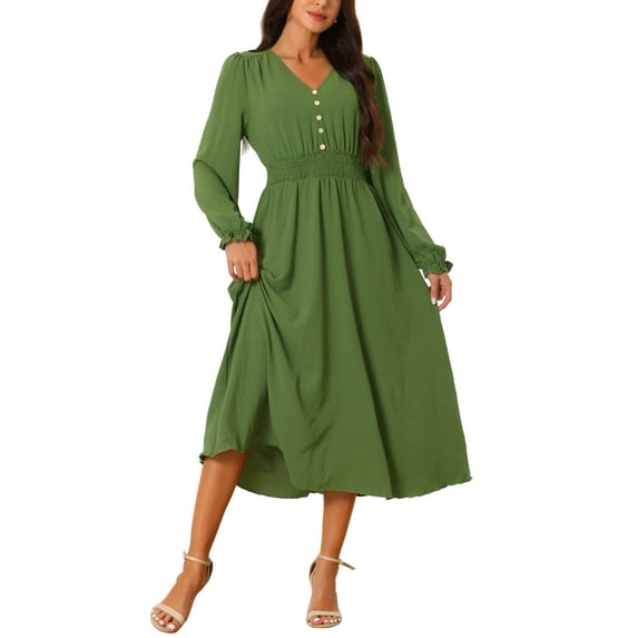 INSPIRE CHIC Women's Casual Long Sleeve Midi Fall Dresses V Neck Vintage Smocked Waist Flowy Long Dress Green S