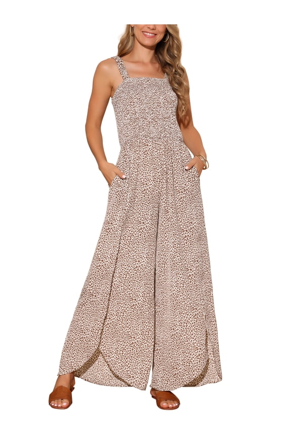 Women's Jumpsuit Square Neck Smocked Sleeveless Split Wide Leg Romper S Brown