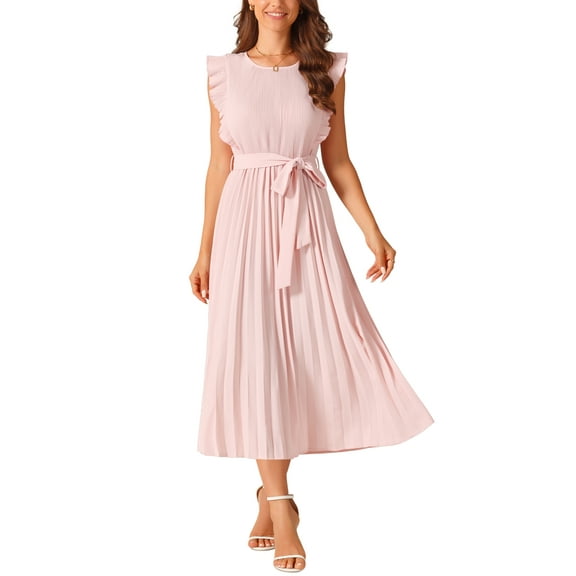 INSPIRE CHIC Women's Casual Midi Dress Ruffle Sleeveless Crewneck Pleated Flowy Belted Dresses L Pink