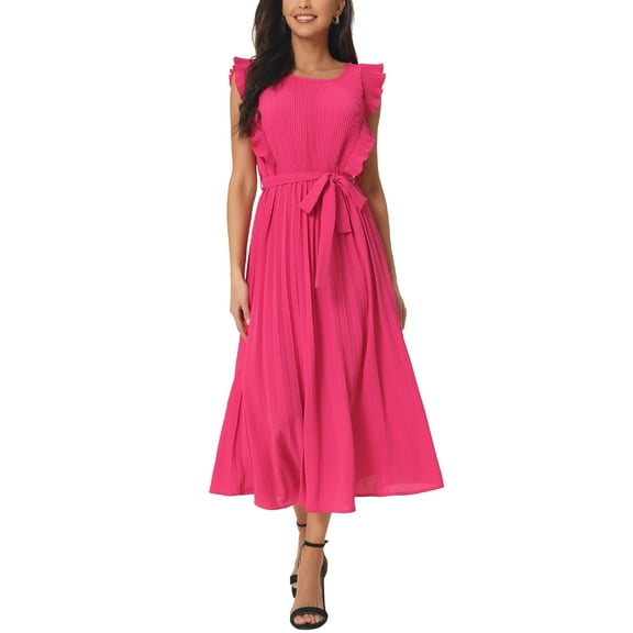 INSPIRE CHIC Women's Casual Midi Dress Ruffle Sleeveless Crewneck Pleated Flowy Belted Dresses S Hot Pink