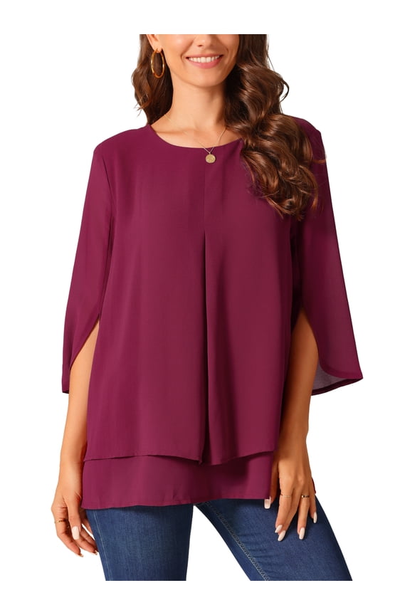 Women's Chiffon Blouse Round Neck 3/4 Sleeve Double Layered Casual Tunic Top XL Wine Red