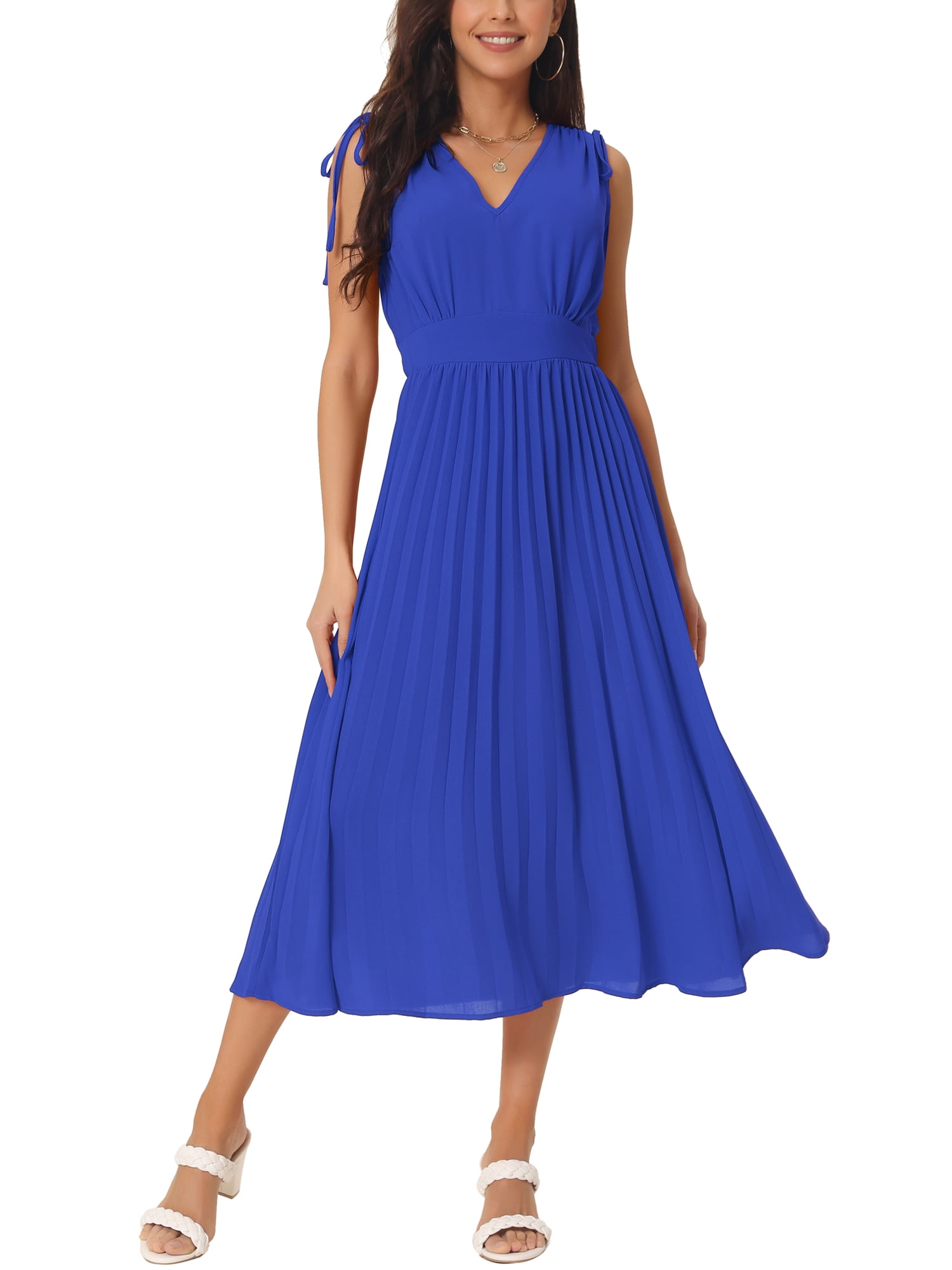 Women's Sleeveless Sheath Midi Dress - High Neck and Ruched Waist