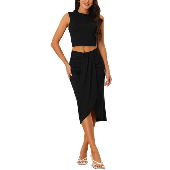 INSPIRE CHIC Women's Casual Sleeveless Summer Two Piece Outfits Crop Top and Side Split Draped Ruched Skirt Set Solid Suiting Black XL