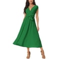 thumbnail image 1 of INSPIRE CHIC Women's Dress Cap Sleeves Wrap V Neck Flowy Ruffle Pleated Casual with Belt Midi Dresses XL Green, 1 of 6