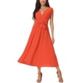 thumbnail image 1 of INSPIRE CHIC Women's Dress Cap Sleeves Wrap V Neck Flowy Ruffle Pleated Casual with Belt Midi Dresses M Orange Red, 1 of 6