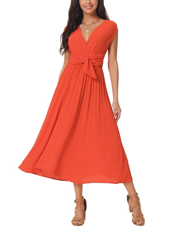 Women's Dress Cap Sleeves Wrap V Neck Flowy Ruffle Pleated Casual with Belt Midi Dresses S Orange Red