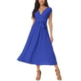 thumbnail image 1 of INSPIRE CHIC Women's Dress Cap Sleeves Wrap V Neck Flowy Ruffle Pleated Casual with Belt Midi Dresses S Blue, 1 of 6