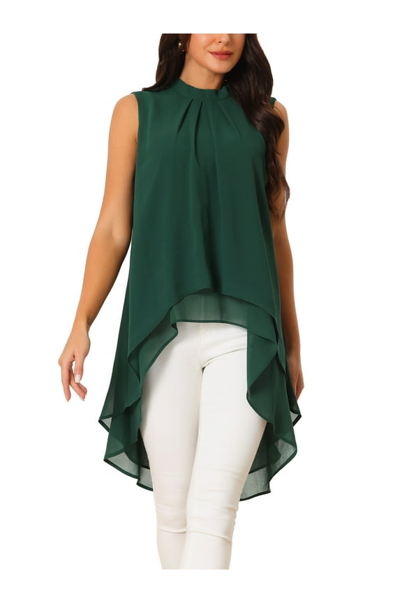 Women's Chiffon Tops Mock Neck Sleeveless Tie Back High Low Hem Summer Shirt Blouse L Dark Green