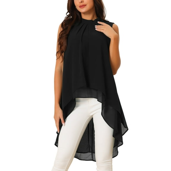 INSPIRE CHIC Women's Chiffon Tops Mock Neck Sleeveless Tie Back High Low Hem Summer Shirt Blouse M Black