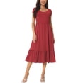 thumbnail image 1 of INSPIRE CHIC Women's Casual Tiered Dress with Pockets Round Neck Ruffle Hem Short Cap Sleeve Knit Midi Dress Wine Red M, 1 of 5