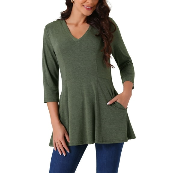 INSPIRE CHIC Women's Casual V Neck 3/4 Sleeve Tops with Pockets Loose Fit Basic Blouses M Green
