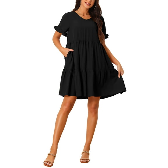 INSPIRE CHIC Women’s Casual V Neck Babydoll Dress with Pockets Ruffle Short Sleeve Tie Flowy Beach Dress Black XL