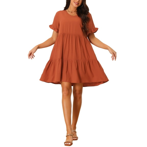 INSPIRE CHIC Women’s Casual V Neck Babydoll Dress with Pockets Ruffle Short Sleeve Tie Flowy Beach Dress Brick Red S