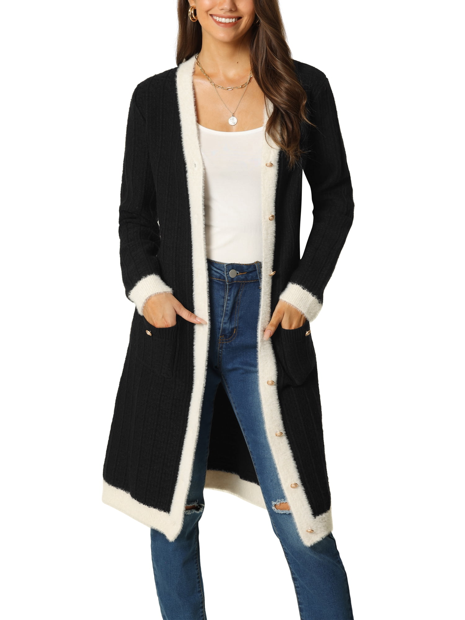 Getadme Womens Solid Color Cardigan Fuzzy Long Sleeve Button Down Sweater Soft Knit Tops Outerwear main image 0