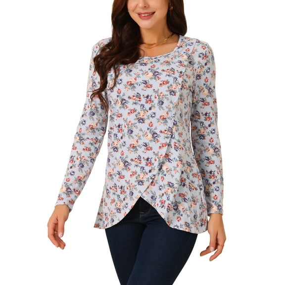 INSPIRE CHIC Women's Crew Neck Long Sleeve Asymmetrical Hem Floral Casual Tops Grey Blue M