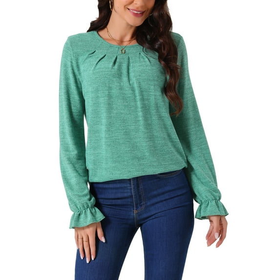 INSPIRE CHIC Women's Crew Neck Long Sleeve Smocked Cuff Simple Casual Tops Fall Winter Fashion T Shirt