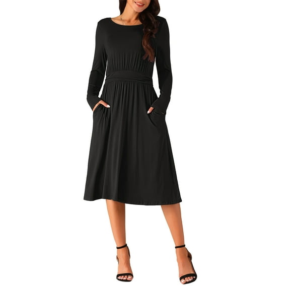 INSPIRE CHIC Women's Crewneck Long Sleeve High Waist Midi Swing Dress with Pockets Black L