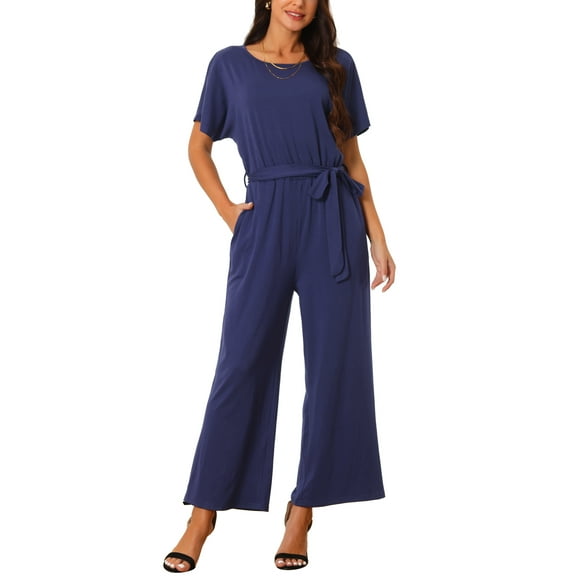 DARING DIVA Women's Crewneck Short Sleeve Belted High Waist Wide Leg Casual Dressy Jumpsuits with Pockets Dark Blue M