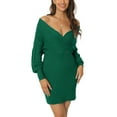 thumbnail image 1 of INSPIRE CHIC Women's Deep V Neck Wrap Lantern Sleeve Slim Fit Casual Fall Winter Mini Sweater Dress S Green, 1 of 6
