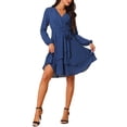 thumbnail image 1 of INSPIRE CHIC Women's Deep V Neck Wrap Long Sleeve Belted Mini Skating Flowy Dress, 1 of 5