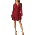 thumbnail image 1 of INSPIRE CHIC Women's Deep V Neck Wrap Long Sleeve Belted Mini Skating Flowy Dress, 1 of 5