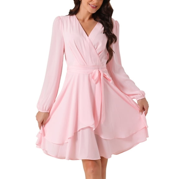INSPIRE CHIC Women's Deep V Neck Wrap Long Sleeve Belted Mini Skating Flowy Dress