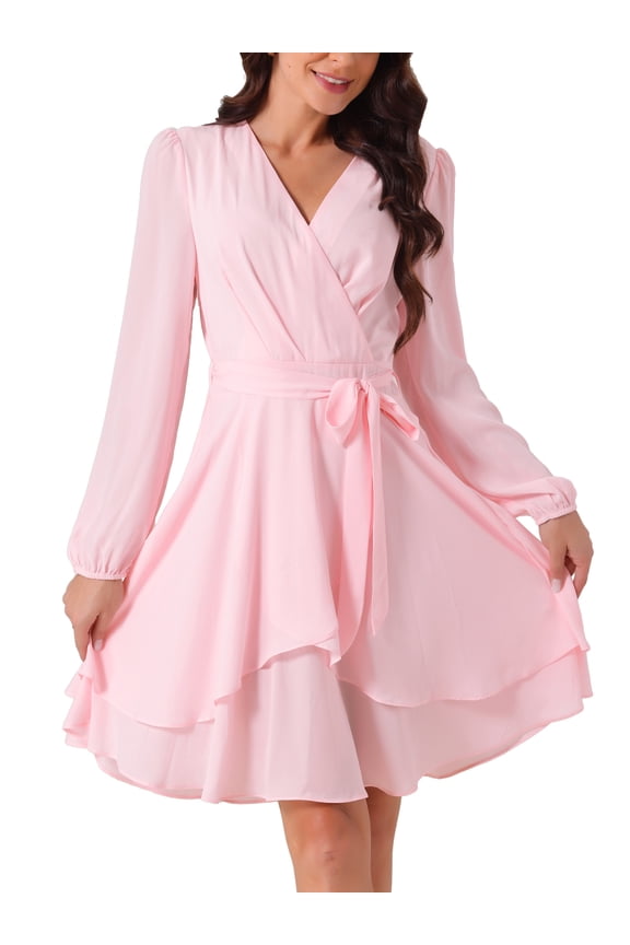 Edition Women's Deep V Neck Wrap Long Sleeve Tie Waist Mini Skating Flowy a Line Dress Pink L