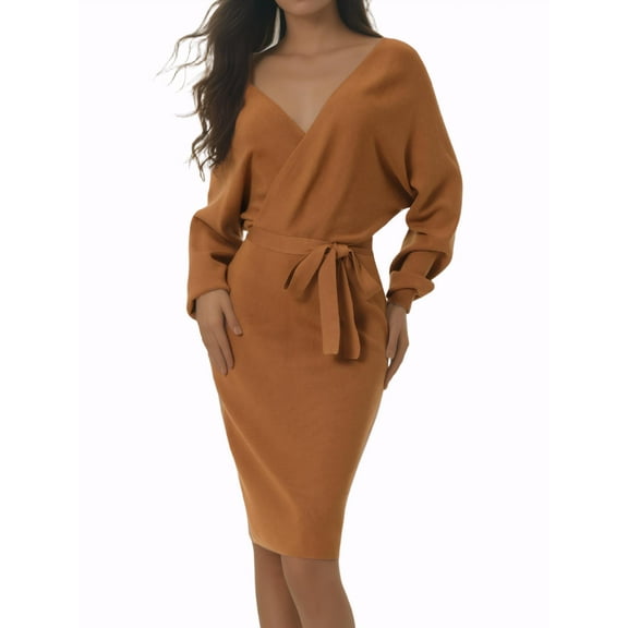 INSPIRE CHIC Women's Midi Dress Deep V Neck Batwing Long Sleeve Belted Wrap Sweater Dress M Brown