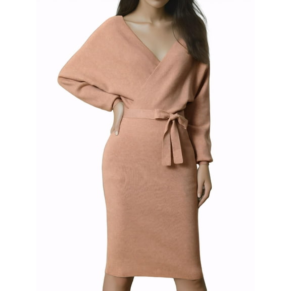 INSPIRE CHIC Women's Midi Dress Deep V Neck Batwing Long Sleeve Belted Wrap Sweater Dress S Khaki