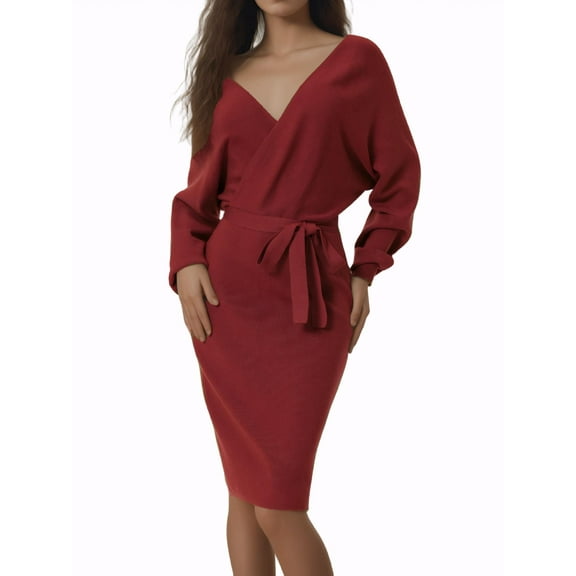 INSPIRE CHIC Women's Midi Dress Deep V Neck Batwing Long Sleeve Belted Wrap Sweater Dress S Red