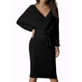 thumbnail image 1 of INSPIRE CHIC Women's Midi Dress Deep V Neck Batwing Long Sleeve Belted Wrap Sweater Dress XL Black, 1 of 6
