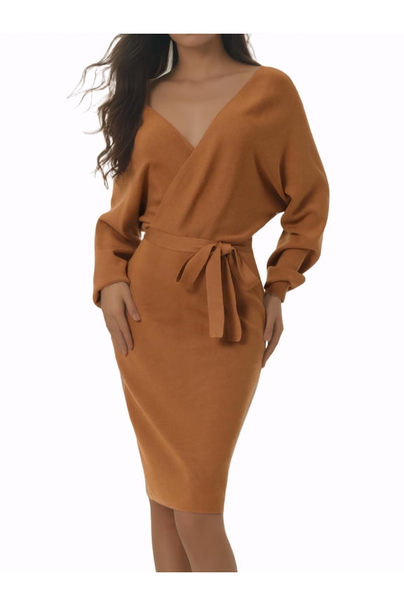 Women's Midi Dress Deep V Neck Batwing Long Sleeve Belted Wrap Sweater Dress XL Brown