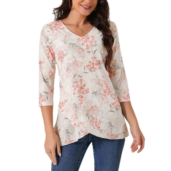 INSPIRE CHIC Women's Dressy Casual 3/4 Sleeve Floral Blouse Irregular Hem V Neck Mesh Shirt Double Layered Tunic Tops