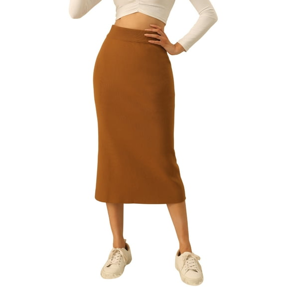 INSPIRE CHIC Women's Elastic High Waist Slit Hem Stretchy Classic Midi Skirts S Caramel