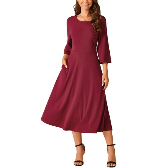 INSPIRE CHIC Women's Elegant Crewneck Bell 3/4 Sleeve Tie Waist Casual Midi Dress with Pockets
