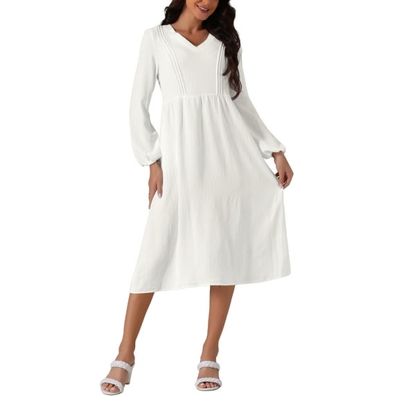 INSPIRE CHIC Women's Elegant Frilled Long Sleeve V Neck Casual Pleated Fit Flare A-Line Midi Dress M White