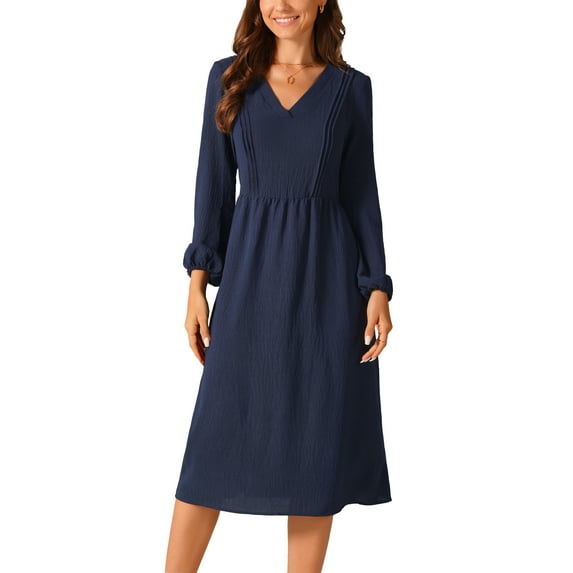 INSPIRE CHIC Women's Elegant Frilled Long Sleeve V Neck Casual Pleated Fit Flare A-Line Midi Dress S Navy Blue