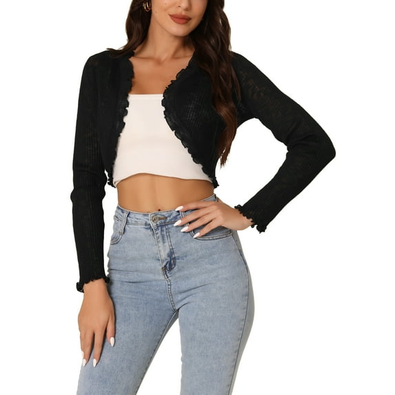 INSPIRE CHIC Women's Elegant Long Sleeve Crop Open Front Ruffle Trim Ribbed Knitted Cardigan M Black
