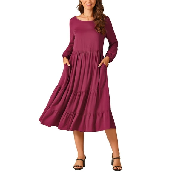 INSPIRE CHIC Women's Fall Casual Maxi Dresses Crewneck Flowy Tiered Boho Long Dress with Pockets